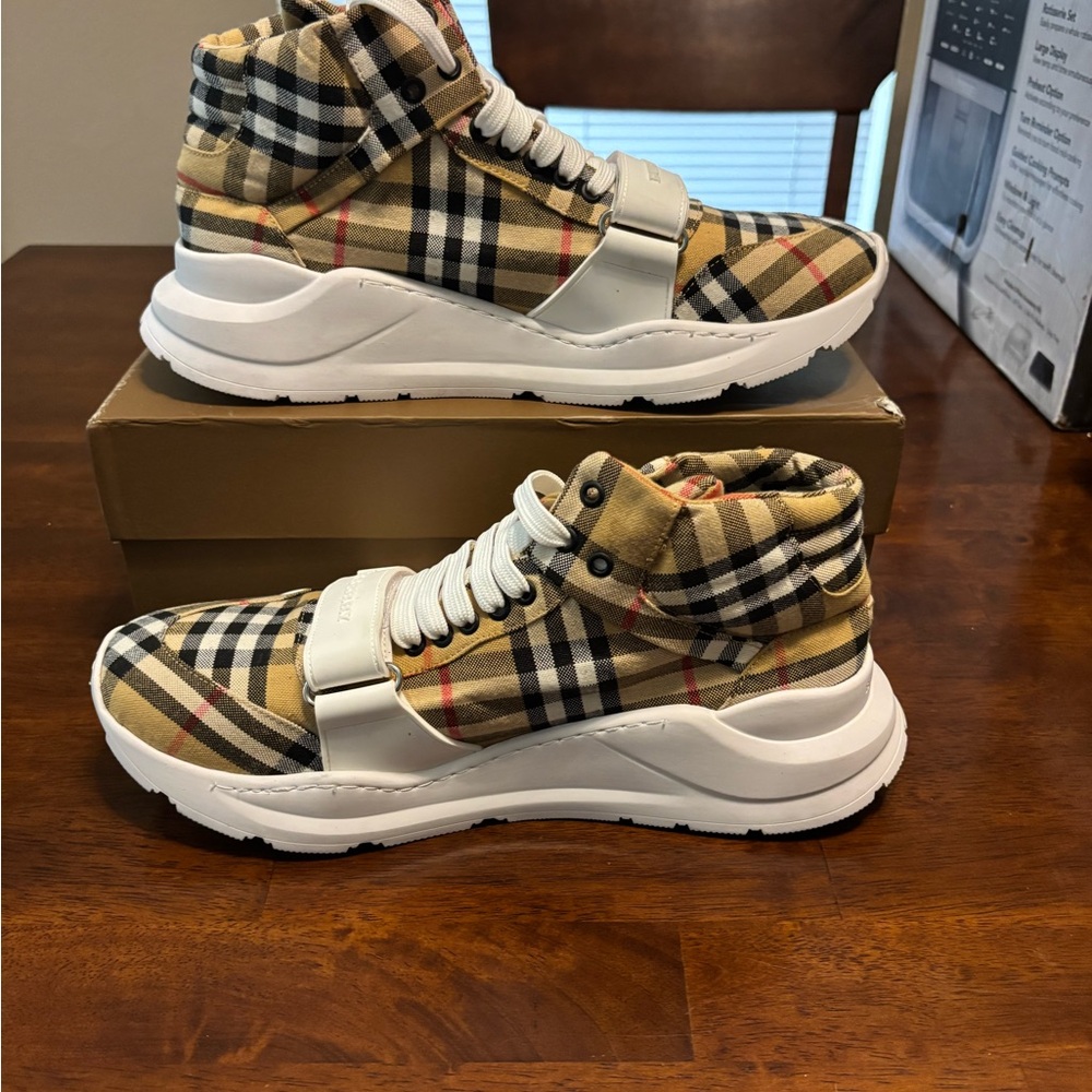 Burberry Plaid High-Top Sneakers - Beige and Black - Picture 4 of 8
